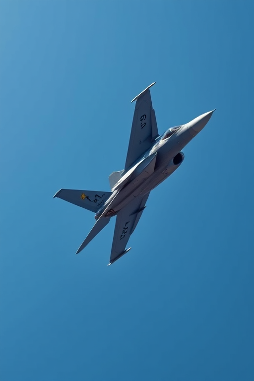 high-resolution image of an F-15 jet flying at low altitude against a clear blue sky, shot at 1/1000s shutter speed, f/8 aperture, ISO 200, 24mm lens, DSLR camera, capturing a dynamic angle to emphasize the aircraft's features and speed