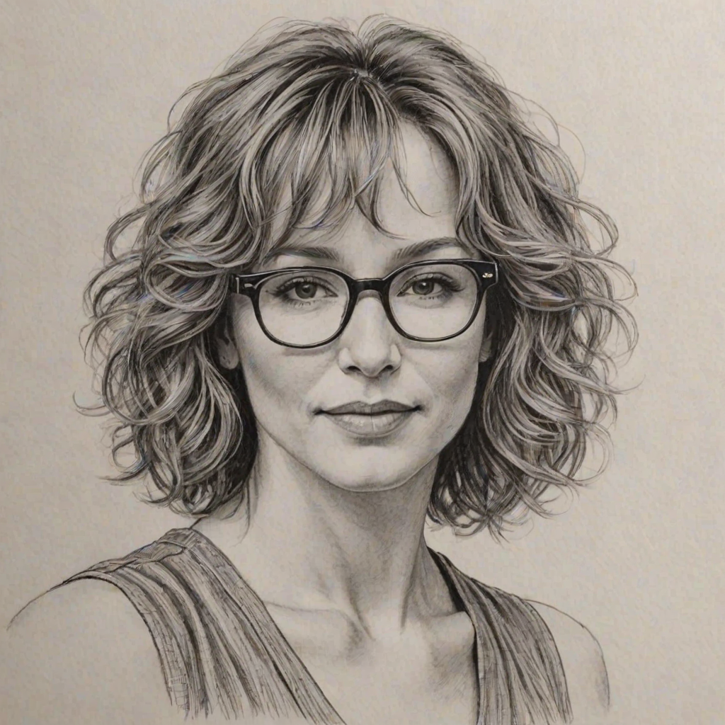 Captivating Jennifer Grey, pencil sketch, portrait of Ravishing woman 1921s in glasses, hair style beatnik, outline, clear lines, fine lines, 8k