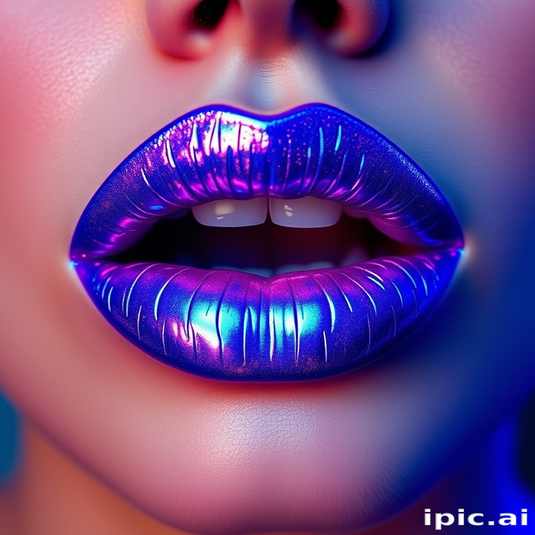 Electric blue holographic lips, titled "Cosmic Kiss," displaying an iridescent shift and futuristic appeal for bold, avant-garde makeup enthusiasts