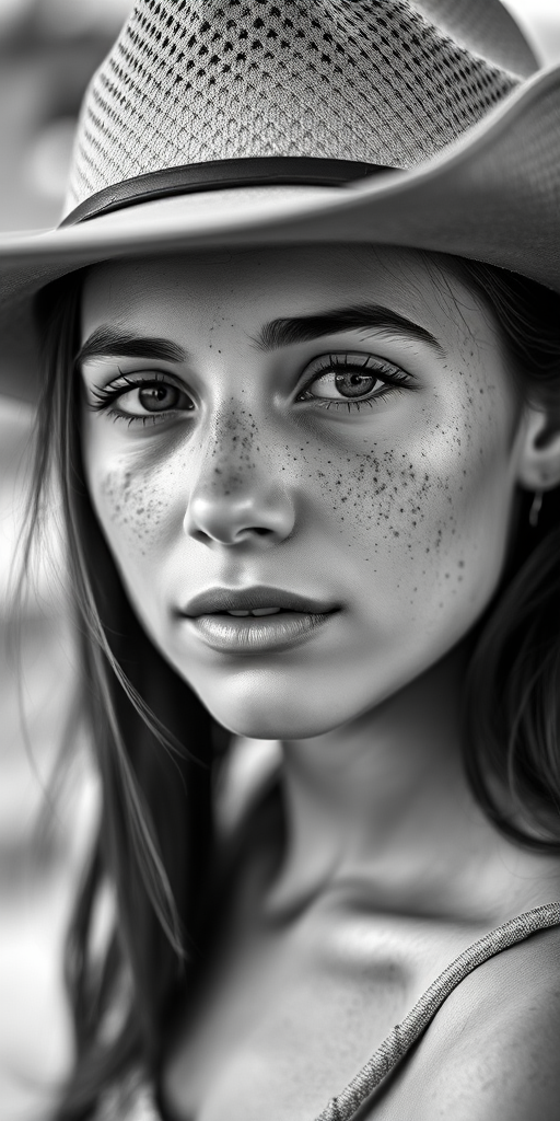 portrait of a young woman with freckles wearing a cowboy hat, shallow depth of field, natural lighting, 50mm lens, f/1.8, ISO 200, captured with a DSLR camera, high contrast black and white style