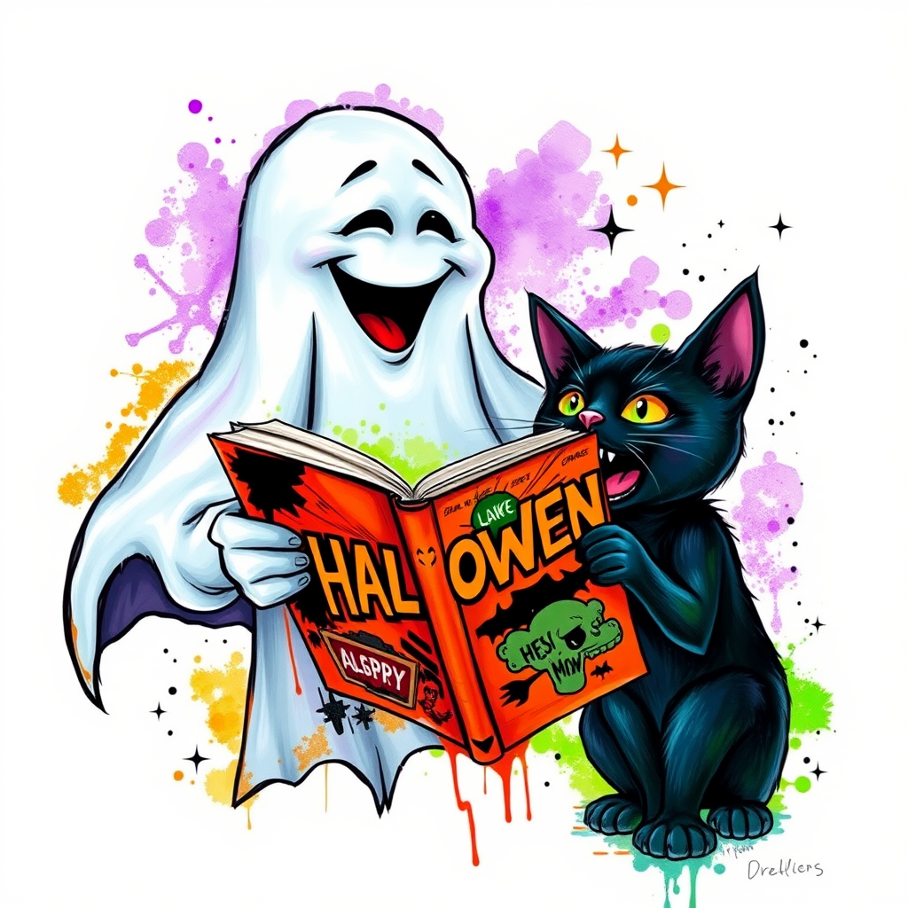 Image of a ghost and a black cat laughing exaggeratedly , and reading a comic halloween comic book, alcohol ink airbrush style, funny halloween theme, white background with neon purple, neon orange, neon green splash, black sparkles stars , dazzling BG