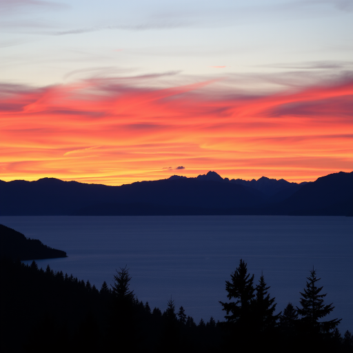 Create a vibrant sunset landscape over a calm lake, capturing silhouettes of mountains in the background, with a focal length of 35mm, aperture set to f/8, ISO 200, using a DSLR camera in landscape orientation for enhanced depth and clarity.