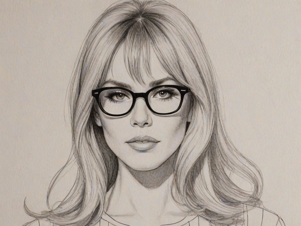 Bewitching Natasha Bedingfield, pencil sketch, portrait of Splendid woman 1960s in glasses, hair style beatnik, outline, clear lines, fine lines, 8k