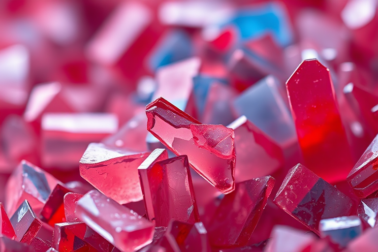 red and blue abstract crystal shards, high detail, macro photography, aperture f/2.8, ISO 100, shutter speed 1/125, natural lighting, 50mm lens, soft focus background, vibrant colors