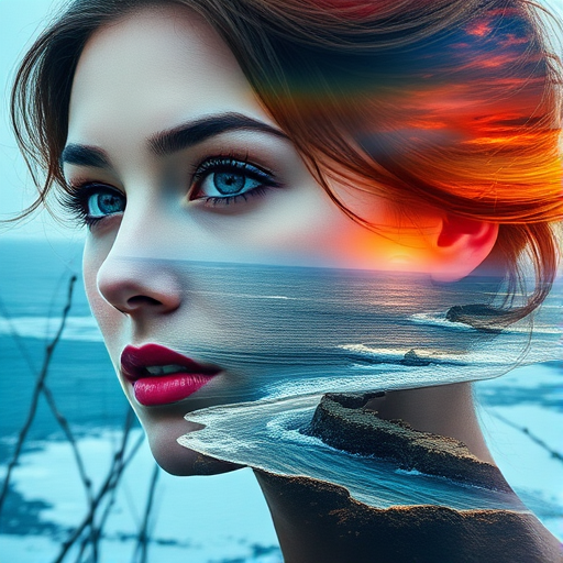 this picture is Book cover, A surreal double exposure portrait that blends a woman's face with a beautiful seascape. The overall mood is dreamy and mystical, with rich colors and intricate details