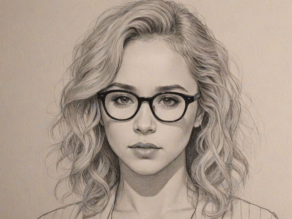 Captivating Juno Temple, pencil sketch, portrait of Pleasing woman 1957s in glasses, hair style beatnik, outline, clear lines, fine lines, 8k