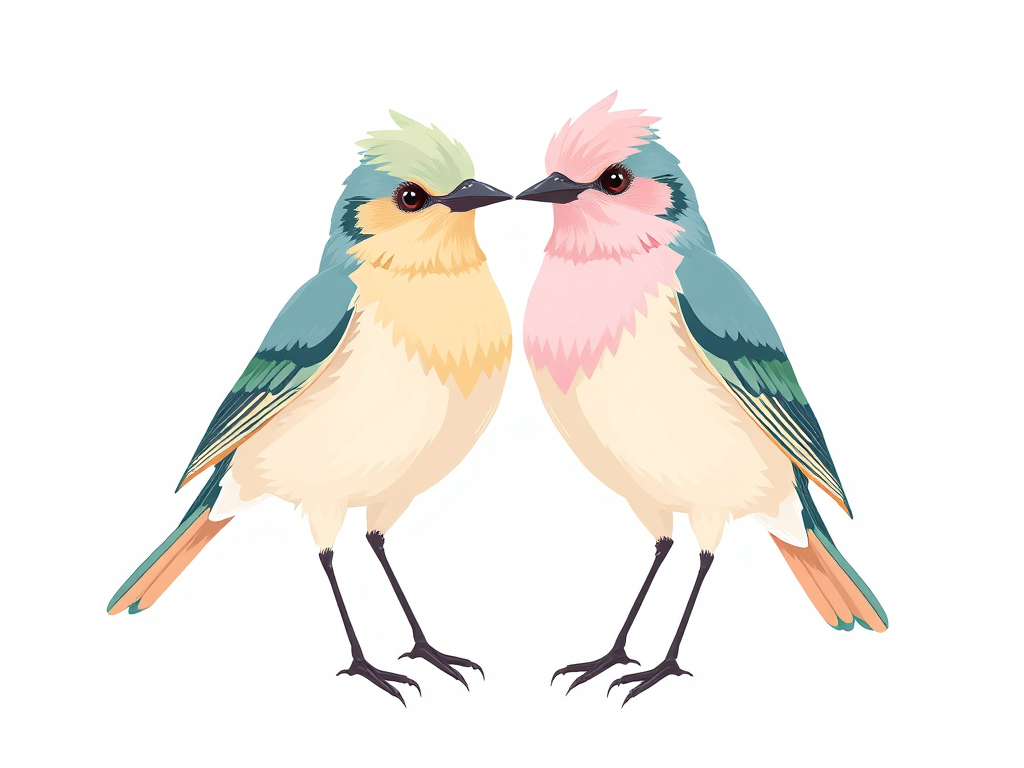 Create a high-resolution illustration of two stylized birds, featuring soft pastel colors and intricate details, using a digital illustration technique, with a focus on a clean white background, resembling the style of modern vector art. Use a Canon EOS R5 camera with a 50mm f/1.2 lens, aperture set to f/4, ISO 100, and a slight vignette effect to enhance depth.