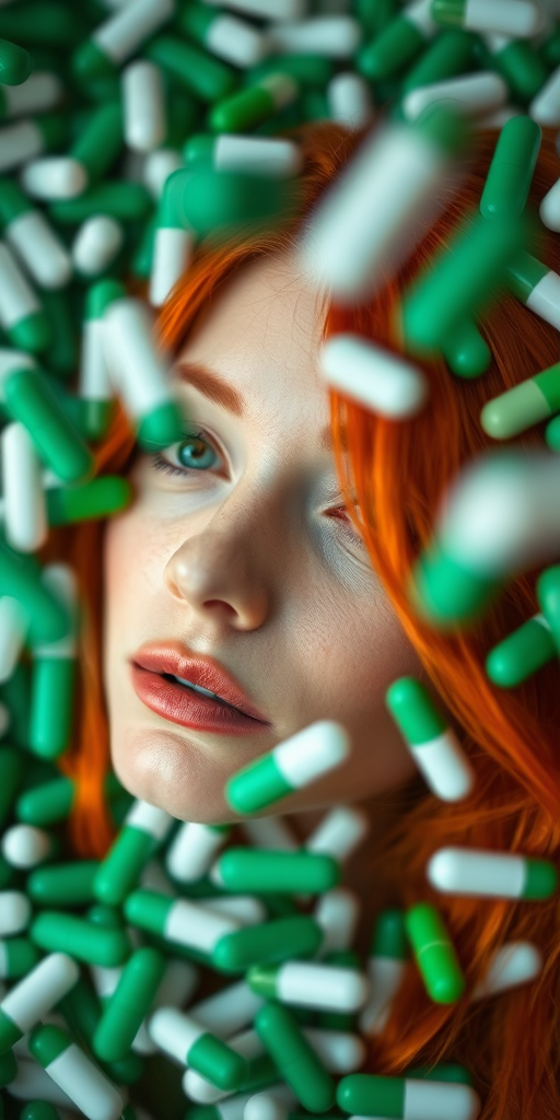 A woman with red hair sitting among green and white pills, soft focus, natural lighting, shallow depth of field, Canon EOS R5, f/2.8, ISO 100, 50mm lens, high-resolution.