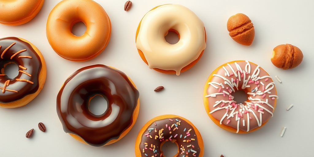 Create a high-resolution digital illustration of assorted donuts including chocolate, vanilla, glazed, and sprinkled varieties scattered on a light gray background, focus on vibrant colors, use a Canon EOS R5, 50mm lens, f/2.8 aperture, ISO 100, natural lighting for enhanced detail and clarity.
