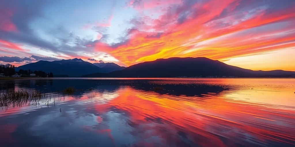 Generate a high-resolution image of a majestic sunset over a tranquil lake, captured with a Canon EOS R5, 24mm lens, aperture f/8, ISO 100, using a dynamic range setting for vibrant colors and enhanced clarity, shot from a low angle to emphasize the reflection on the water.