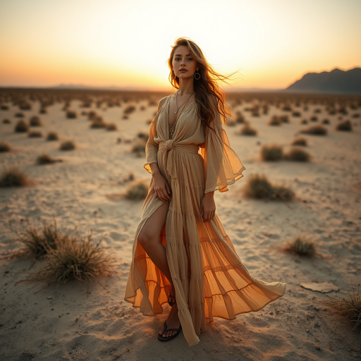 Desert setting, bohemian model, flowy dresses, earthy tones, rustic sunset effect,  equipped with a 12mm lens to capture an overhead view of the model, emphasizing symmetry and spatial positioning