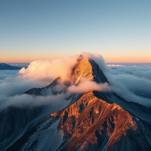 Capture a sharp image of a jagged mountain peak surrounded by soft clouds at sunrise, using a full-frame DSLR camera, f/8 aperture, 1/200 sec shutter speed, ISO 100, 50mm lens, in a landscape orientation to enhance detail and clarity.
