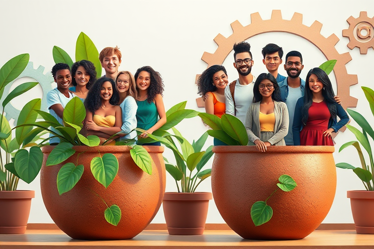 Create a vibrant and detailed illustration of two groups of diverse people, each standing together within large, stylized plant pots featuring green leaves and mechanical gears in the background, shot in high resolution with a Canon EOS R5, using a 50mm lens, at f/1.8 aperture, with soft natural lighting to enhance depth and clarity.