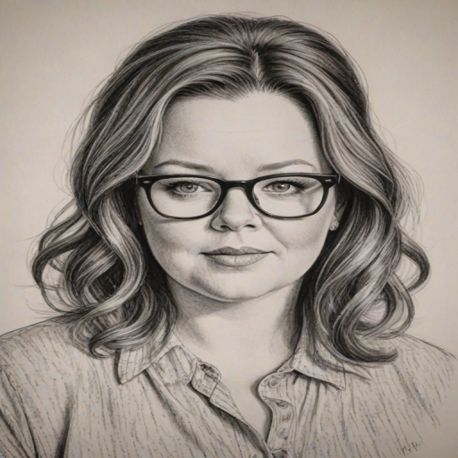 Delightful Melissa McCarthy, pencil sketch, portrait of Charming woman 1959s in glasses, hair style beatnik, outline, clear lines, fine lines, 8k