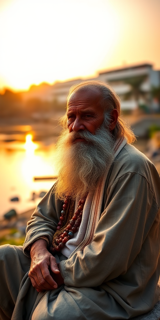 Generate an image of an elderly man with a long beard, wearing traditional clothing and beads, sitting peacefully by a serene riverbank during golden hour, captured with a DSLR camera at f/1.8 aperture, 50mm lens, ISO 100, 1/200 sec shutter speed for a shallow depth of field and enhanced color contrast.