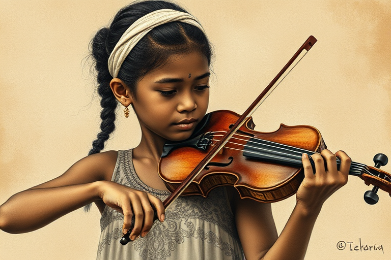 a young Torres Strait Islander woman with a white headband playing a violin, in the style of a charcoal drawing, sepia grunge background