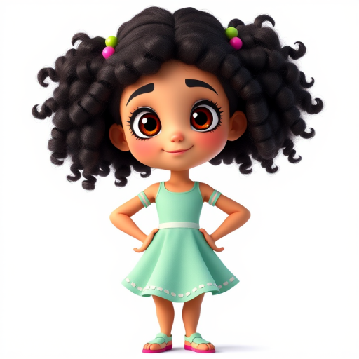 Create a vibrant animated character design of a girl with curly hair wearing a mint green dress, standing confidently with hands on hips, with a white background and enhanced colors, using a DSLR camera, 50mm lens, f/1.8 aperture, 1/200 shutter speed, and ISO 200.