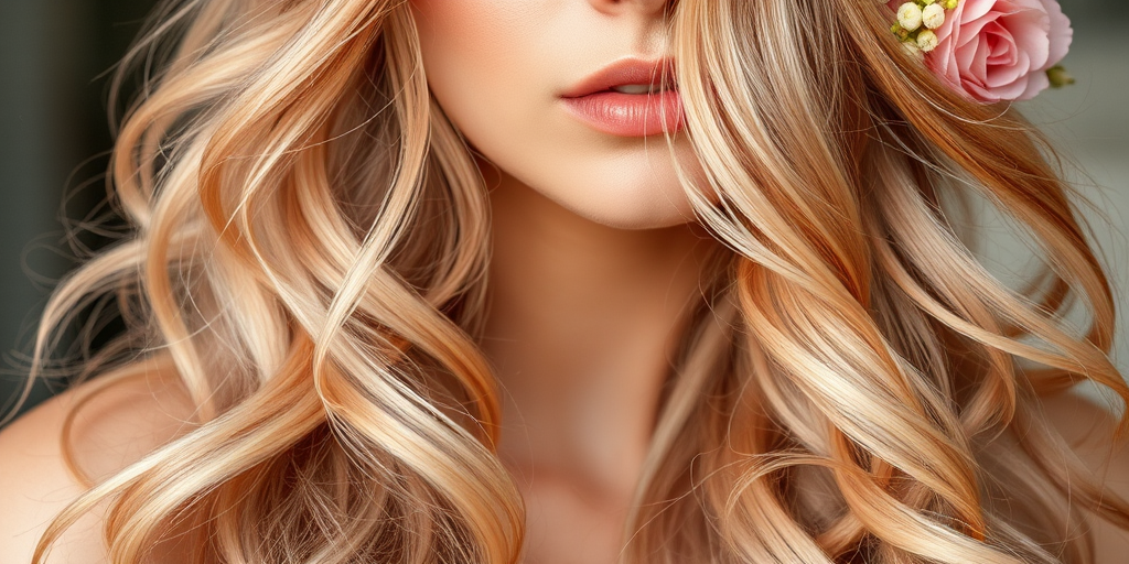 Romantic close-up captures Rose Gold Goddess long hair, a soft blend of peachy pink and pale gold hues, styled in loose romantic curls with floral accessories