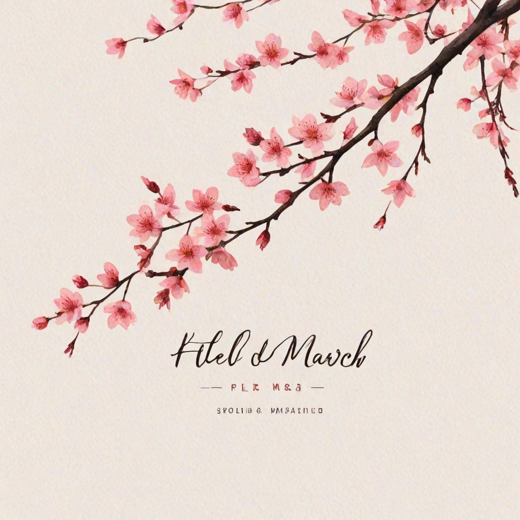 Create a minimalist illustration featuring a pink cherry blossom tree with a white background, accompanied by the text "Hello March" in a stylish font.