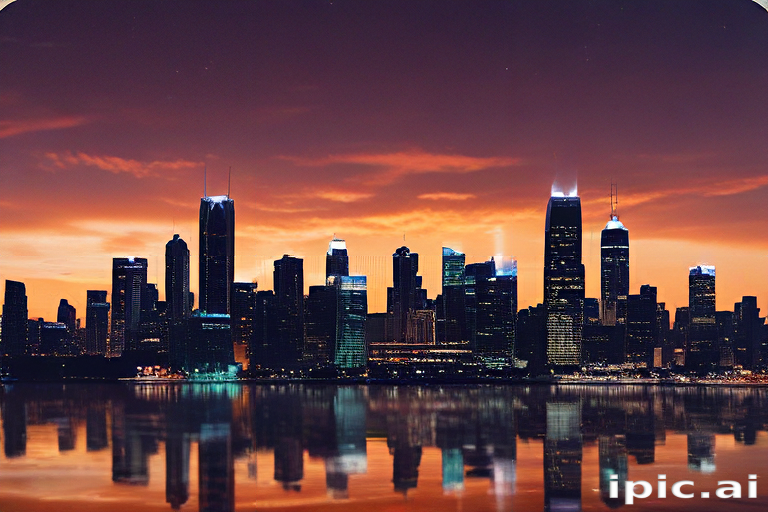 Stunning Sunset Over a Modern City Skyline Reflected in Water