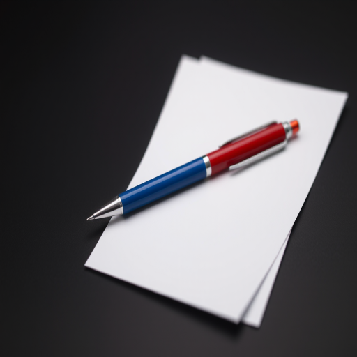 Photograph of a blue and red pen placed diagonally on a stack of two sheets of white paper on a dark background, using a DSLR camera, aperture f/2.8, shutter speed 1/125s, ISO 100, with a soft focus effect to enhance colors and details.