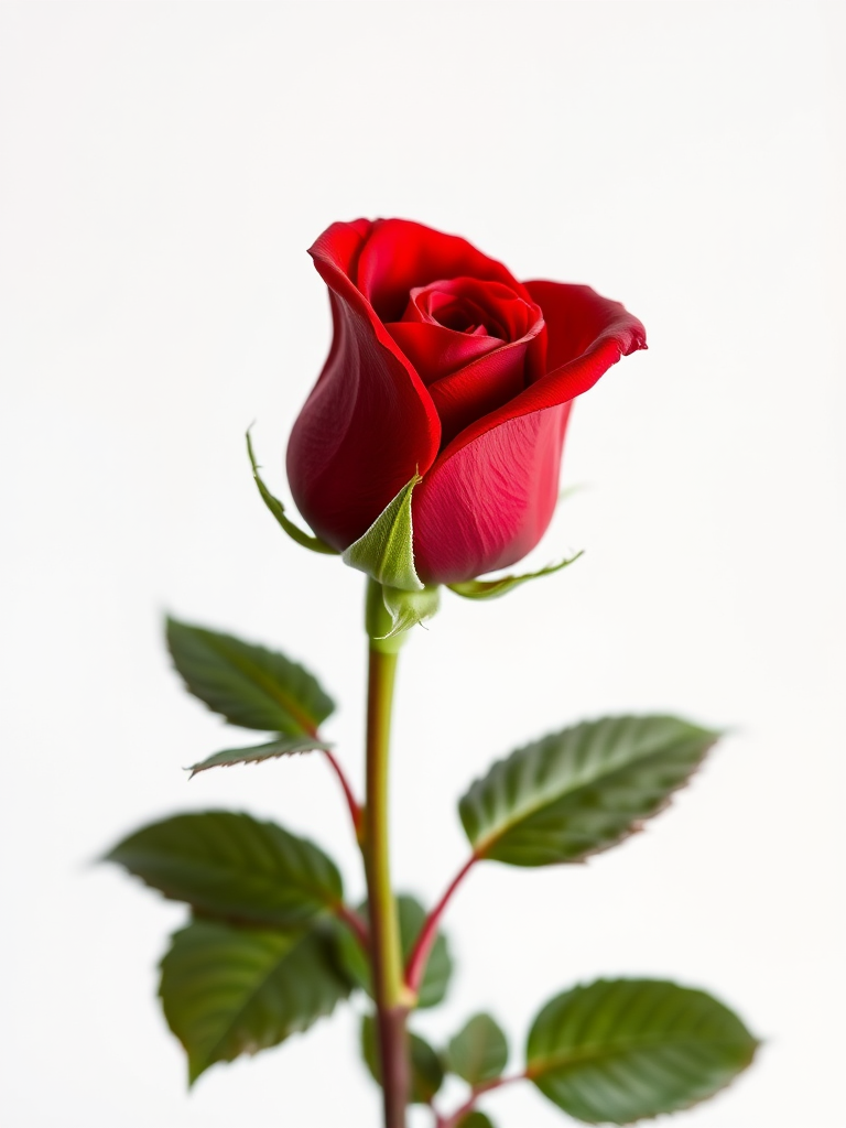 create a hyper-realistic image of a single red rose with detailed petals and leaves on a white background, using a DSLR camera with a 50mm lens, aperture set to f/2.8, ISO 100, and a shallow depth of field to enhance the richness of colors and details.