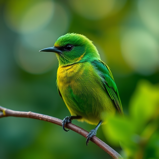 capture a close-up of a vibrant green bird perched on a branch with soft bokeh background, use a DSLR camera with a 50mm lens, aperture f/1.8, shutter speed 1/250s, ISO 200, natural light, focus on the bird with blurred greenery around