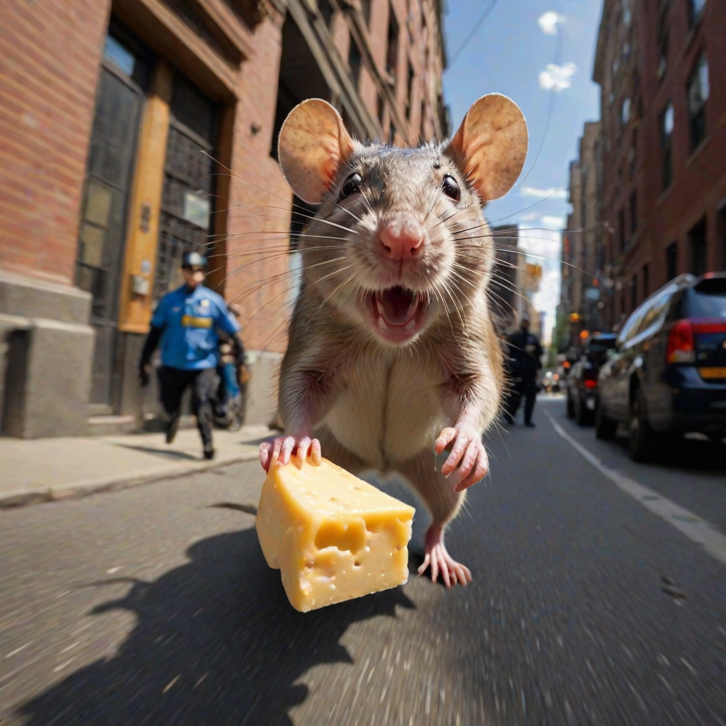 rat holding cheese is (running:1.05) to the viewer, (motion blur:1.1), (police running:1.2), (dynamic:1.1), sun rays, newyork, (taken by go pro:1.3), (taken by 7.5mm fisheye lens:1.1)