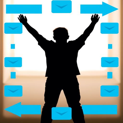Create an image of a silhouette of a person standing with arms raised, surrounded by blue arrows and rectangular icons, set against a bright background; use a DSLR camera with a 50mm lens, aperture f/1.8, ISO 200, and a slight vignette for emphasis.
