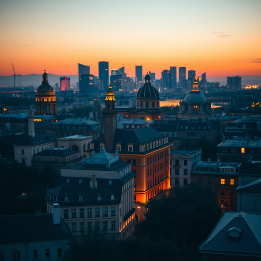 regenerate a soft-focus twilight cityscape with historic buildings and modern skyline, using a Canon EOS R5, 50mm f/1.2 lens, aperture f/2.8, ISO 100, 1/60s exposure, high dynamic range, shallow depth of field, and a slightly elevated angle for a panoramic view