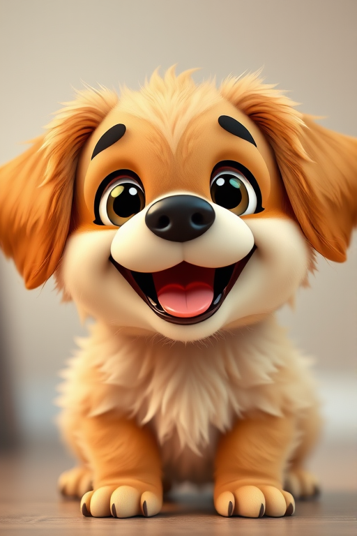 A cute cartoon-style puppy with a joyful expression, large eyes, and fluffy fur, photographed with a Canon EOS R5, 50mm lens, f/1.8 aperture, ISO 200, at eye level, using a soft-focus background to enhance the subject.
