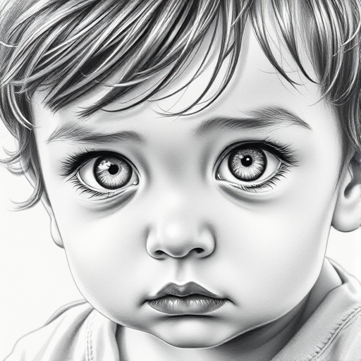 A hyperdetailed photorealistic black and white sketch of a beautiful toddler with deep white eyes, with a macro focus