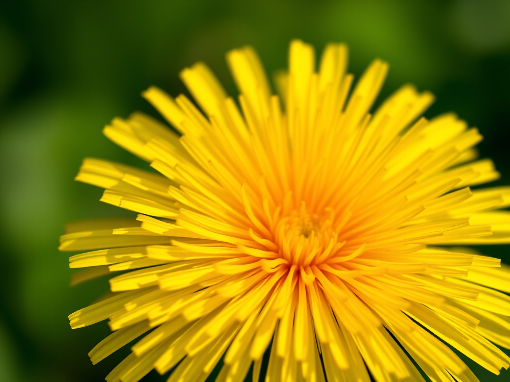 close-up of a vibrant yellow dandelion flower against a blurred green background, captured with a Canon EOS R5, 105mm macro lens, aperture f/2.8, ISO 100, natural light, high detail, focus on flower petals