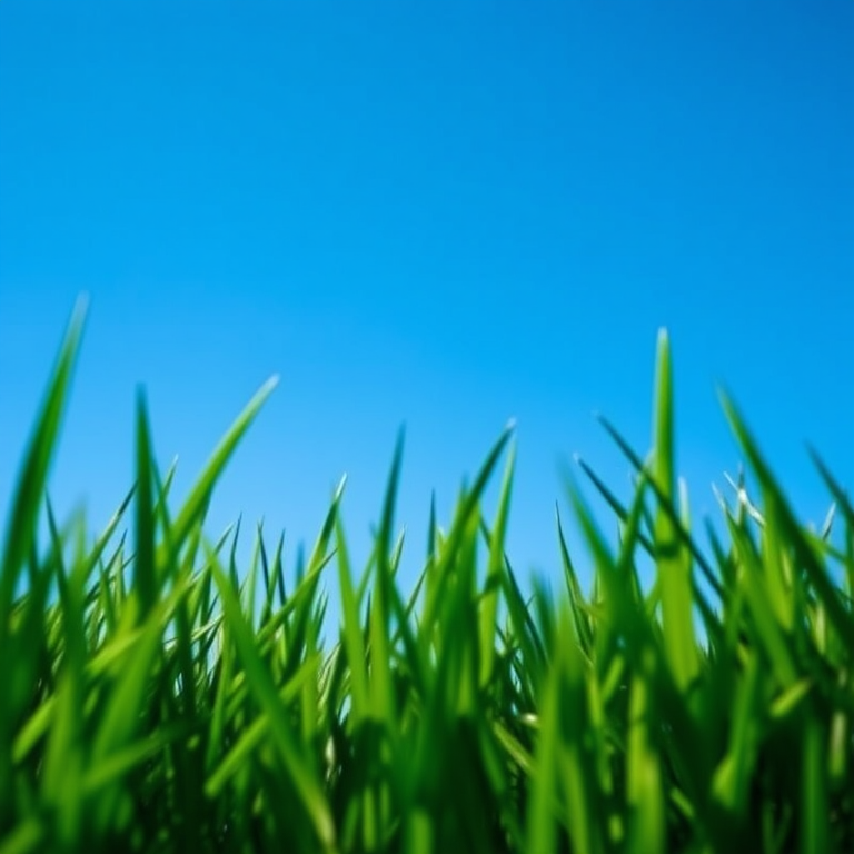 Generate an image of a bright blue sky framed by lush green grass at the edges, using a DSLR camera with a 50mm lens, aperture f/2.8, ISO 100, and a shallow depth of field for enhanced image quality.