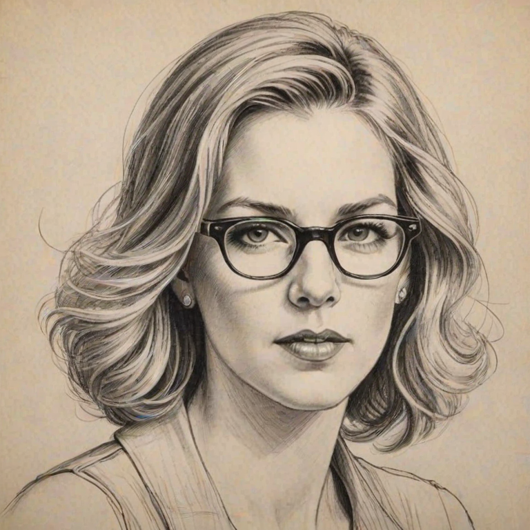 Fascinating Diana Krall, pencil sketch, portrait of Magnificent woman 1920s in glasses, hair style beatnik, outline, clear lines, fine lines, 8k