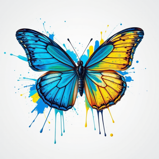 Create a vibrant and abstract depiction of a butterfly with blue and yellow wings, featuring splashes of paint and dynamic lines, shot with a Canon EOS R5, 85mm lens, f/1.4 aperture, ISO 100, in a soft, diffused studio light setup to enhance color depth and detail.