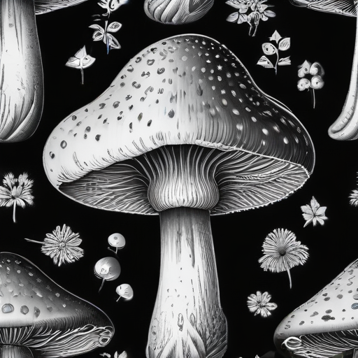 A Detailed Black and White Illustration of Various Mushrooms and Flora.