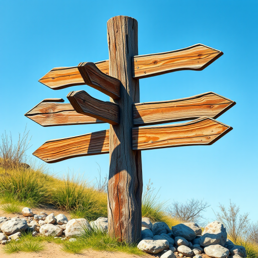 Create a detailed illustration of a weathered wooden signpost with multiple arrows pointing in different directions, surrounded by small rocks, captured in natural daylight using a DSLR camera, 50mm lens, f/2.8 aperture, ISO 100, in a vibrant and colorful style.