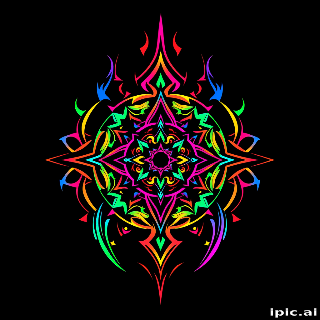 Vibrant "Neo-Tribal Fusion" tattoo design featuring intricate geometric patterns intertwined with organic shapes, rendered in bold neon colors against a deep black background, showcasing a mesmerizing blend of traditional tribal motifs and futuristic elements, with sharp lines and smooth curves creating a dynamic and eye-catching composition that seems to pulse with energy, perfect for those seeking a modern twist on ancestral art