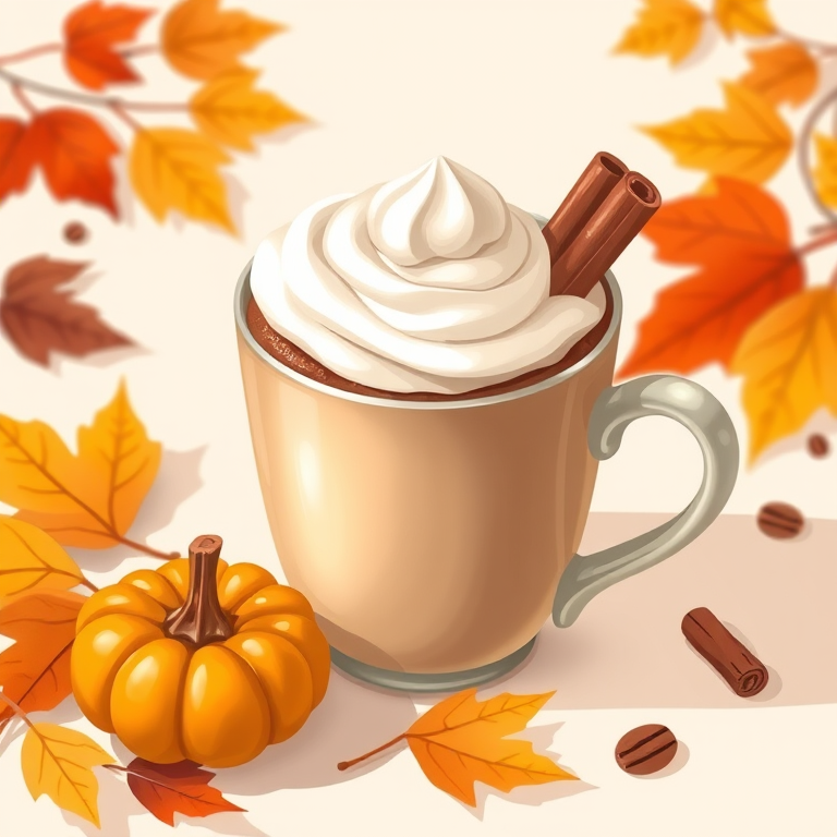 Illustration of a cozy coffee cup with whipped cream and cinnamon sticks, surrounded by autumn leaves and a small pumpkin, captured with a Canon EOS R5 at f/5.6, ISO 200, 50mm lens, using soft natural lighting and a light pastel background for a warm, inviting feel.