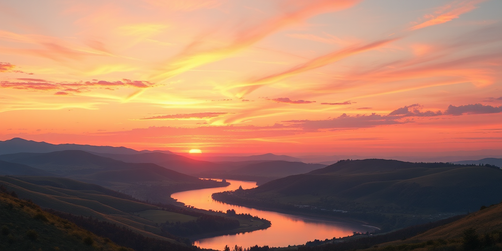Create a high-resolution digital illustration of a peaceful landscape at sunset featuring rolling hills, a vibrant sky with shades of orange and pink, and a calm river reflecting the colors; use a DSLR camera with a 24mm lens, aperture set to f/8, ISO 100, and capture from a slight elevation viewpoint to enhance depth.