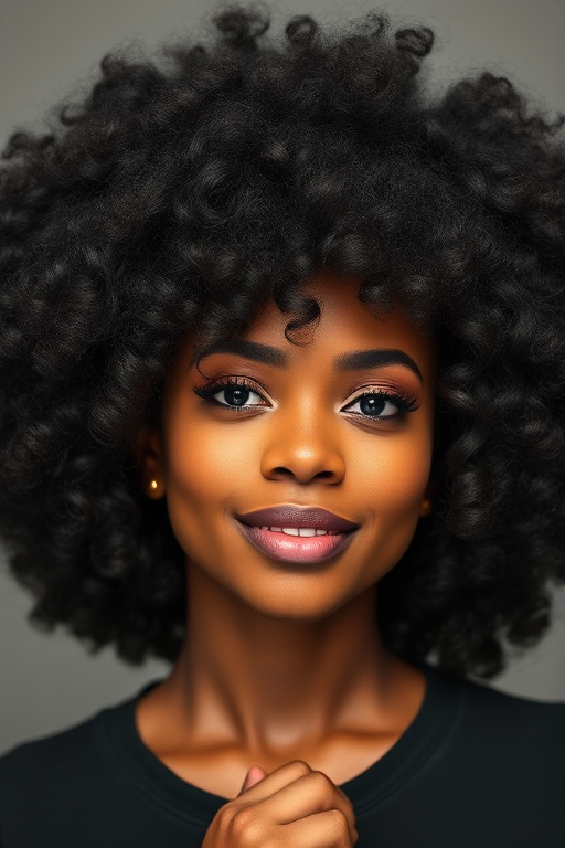 Voluminous afro in natural dark brown, celebrating textured curls and coils with defined edges and a shape-enhancing taper, radiating confidence and beauty