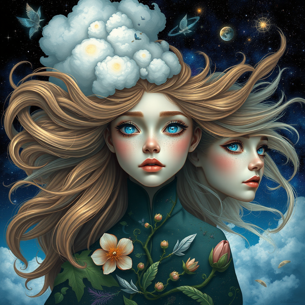 Create a series of imaginative portraits where each subject is infused with elements of fantasy and nature. The hair of the individuals should flow like clouds, varying from soft, fluffy cumulus to wispy cirrus strands, with hints of color reflecting a sunset or a clear blue sky. The eyes should be windows to entire galaxies, with stars, nebulae, and distant planets visible within them. Clothing should be adorned with nature motifs, such as floral patterns that bloom and change, vines that seem to grow and wrap around, or feathers that shimmer with iridescence. Each portrait should capture a unique personality, blending human features with the ethereal beauty of the natural and cosmic world. The backgrounds can vary, from starry night skies to enchanted forests, adding depth and context to the magical realism of the portraits