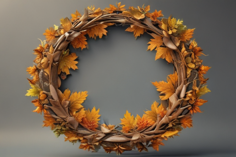 Beautiful Autumn Wreath Decorated with Vibrant Leaves and Natural Elements