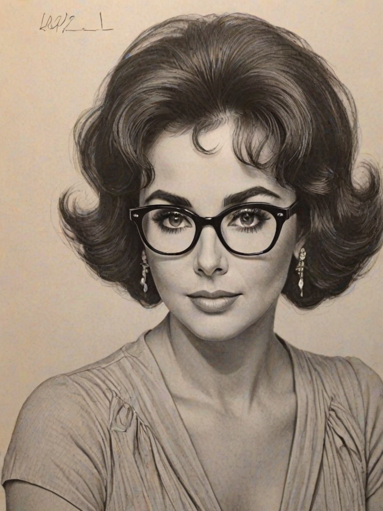 Alluring Elizabeth Taylor, pencil sketch, portrait of Splendid woman 1970s in glasses, hair style beatnik, outline, clear lines, fine lines, 8k