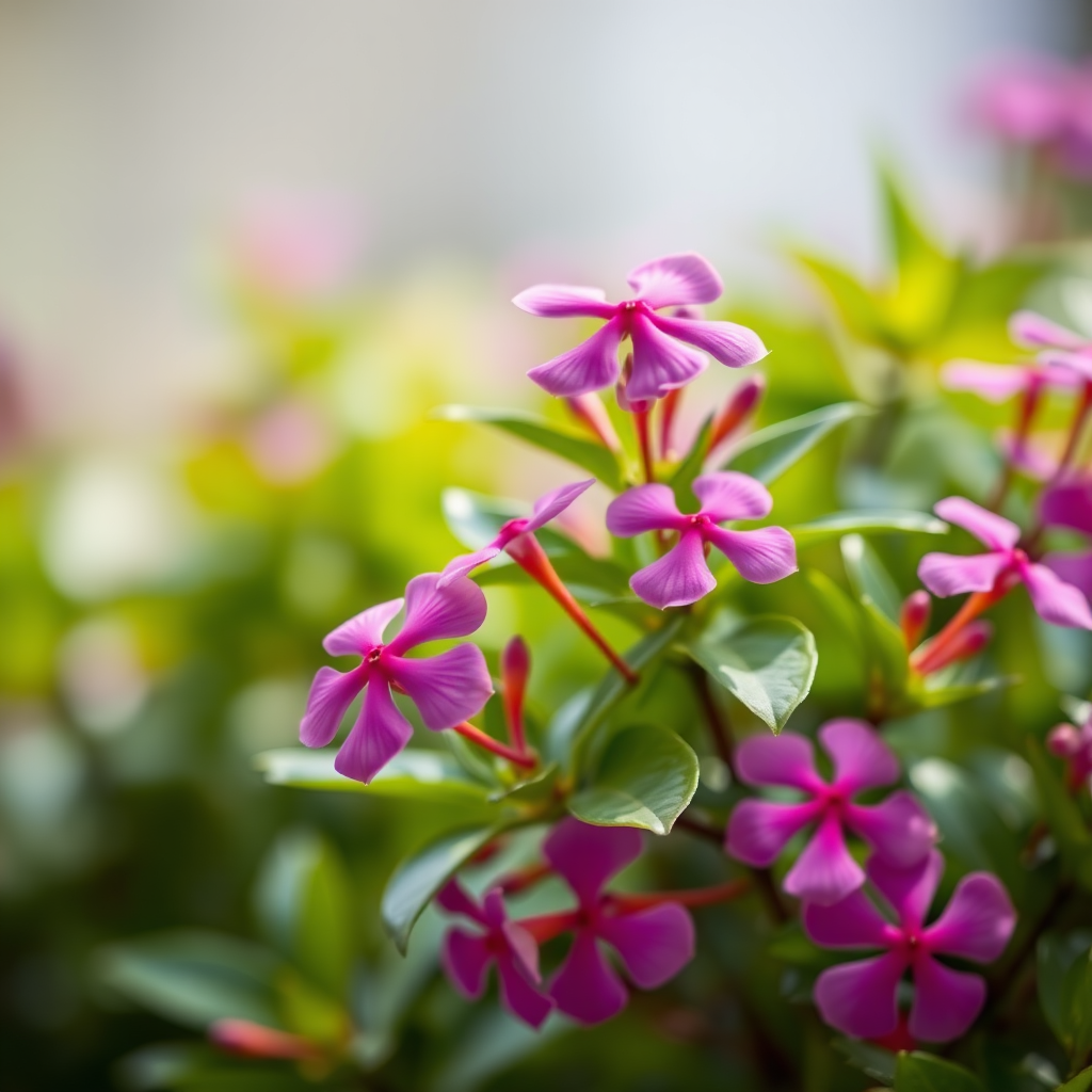 Generate an image of vibrant pink flowers with leaves, using a Canon EOS 5D Mark IV, 50mm lens, aperture f/1.8, shutter speed 1/200s, ISO 100, with a shallow depth of field and soft bokeh background.