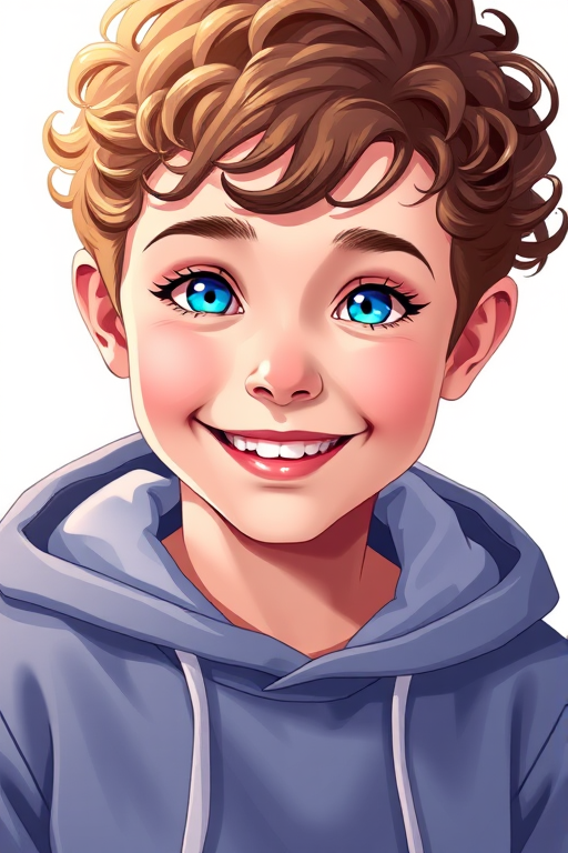 Create a high-resolution illustration of a young boy with curly brown hair and bright blue eyes, smiling, wearing a hoodie, captured with a DSLR camera at 50mm focal length, f/1.8 aperture, 1/200 sec shutter speed, in a bright, soft lighting setup to enhance facial features and details.