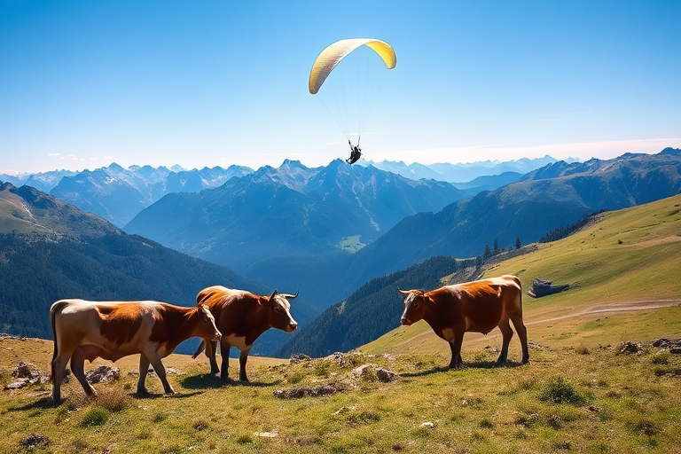 Generate an image of a picturesque alpine landscape with three cows grazing in the foreground, a paraglider soaring in the blue sky above, mountains in the background, captured using a DSLR camera with a 24mm lens, aperture set to f/8, ISO 100, and a shutter speed of 1/250 sec for enhanced clarity and vibrant colors.