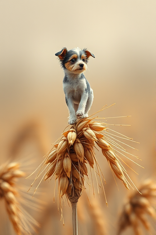 Soft, muted Alcohol Ink with ebru effect background image of tiny whimsical dog, who climbed high on the top of a golden rye ear.