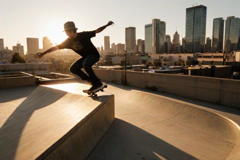 Blurry, dynamic shot of a skateboarder performing a trick off a ramp, soft golden light from the setting sun casting long shadows, with distant city buildings and graffiti-covered walls barely visible in the background.